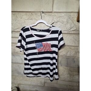 Onque Casual Womens Striped‎ Rhinestone American Flag Short Sleeve Top Black L